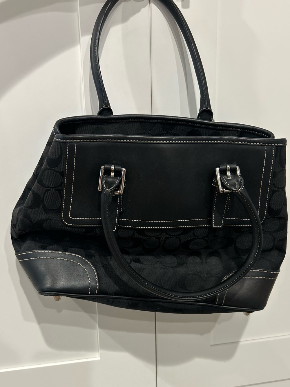 Coach Black Signature Canvas Shoulder Bag with Contrast Stitching